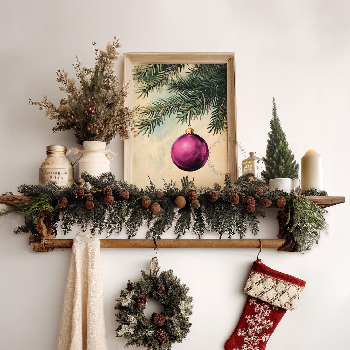 Magenta Christmas Ornament on Pine Branch Vintage Holiday Poster - Image 7