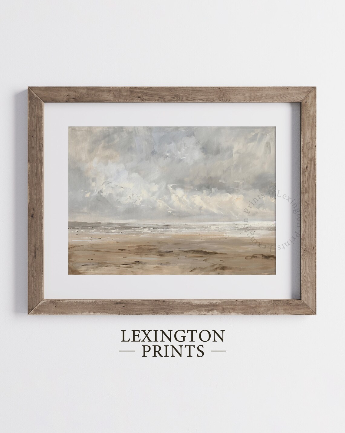 Misty Beach Seascape Oil Painting Neutral Coastal Wall Poster - Image 2