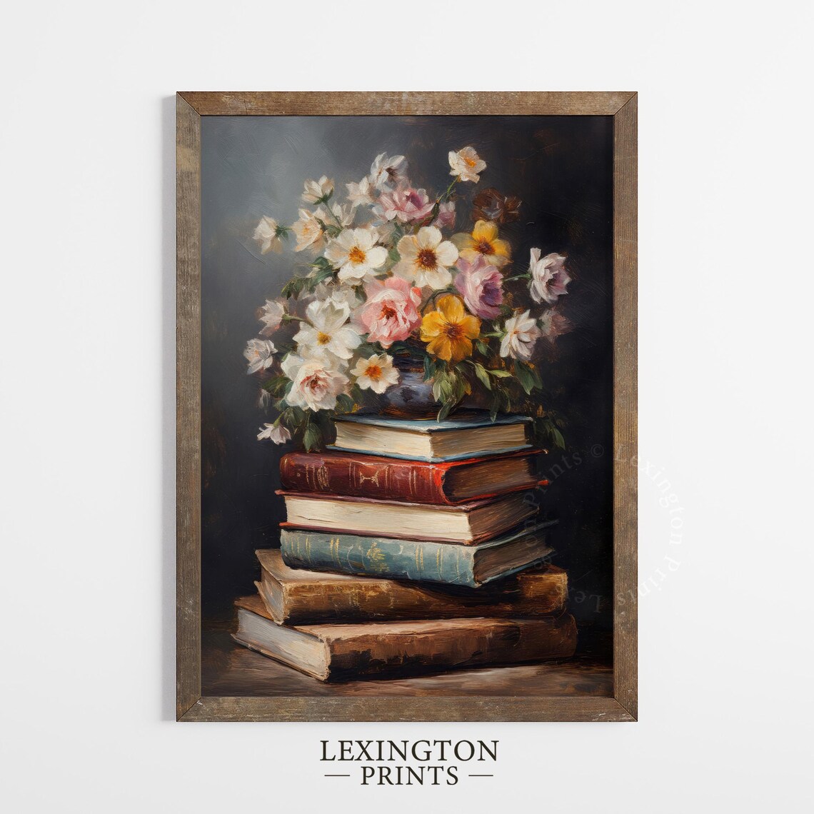 Wildflower Bouquet on Stack of Antique Books Dark Still Life Print - Image 5
