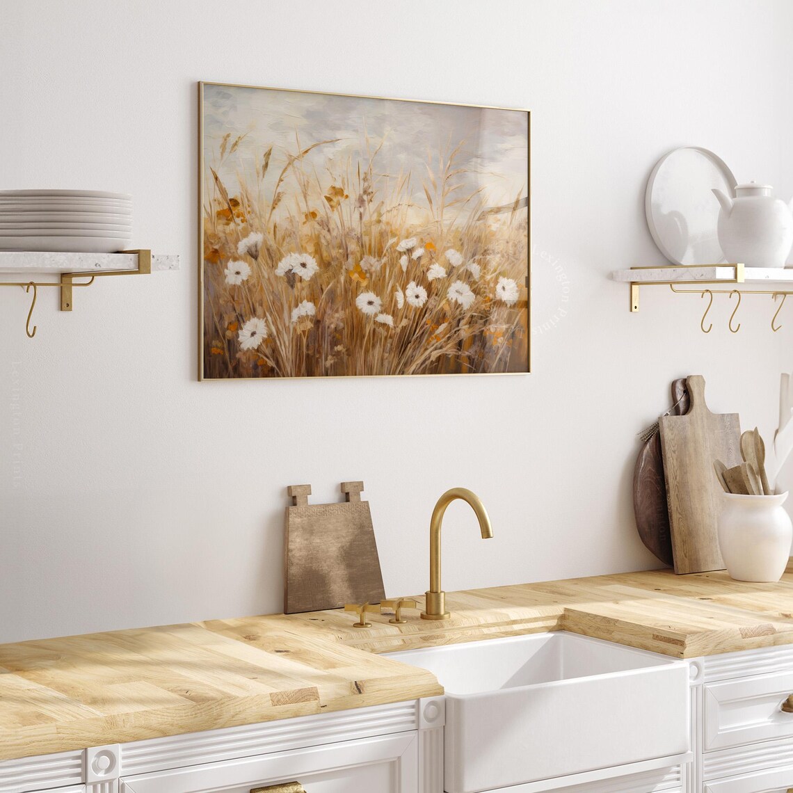 White Wildflowers in Golden Summer Wheat Field Meadow Poster - Image 4