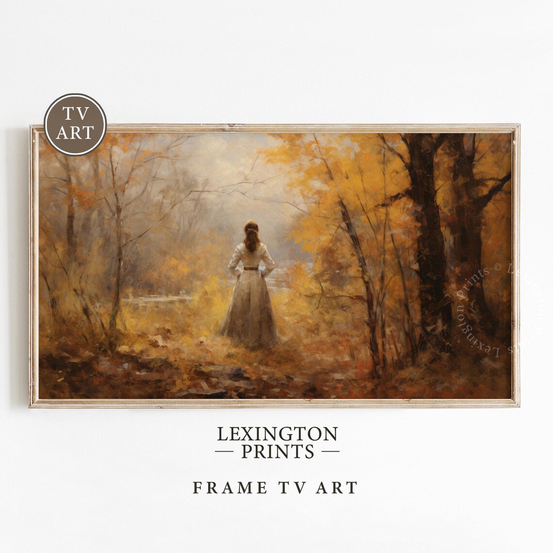 Woman in Golden Autumn Forest Fall Vintage Frame TV Art Print