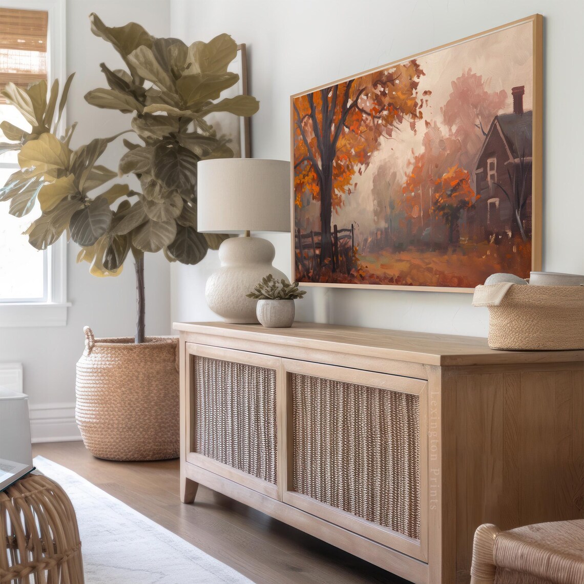 Foggy Autumn Farmhouse with Orange Trees and Fence TV Art Poster - Image 3
