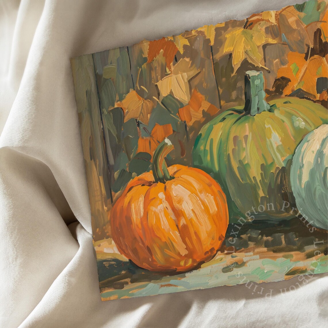 Three Pumpkins Still Life with Autumn Leaves Oil Painting Poster - Image 6