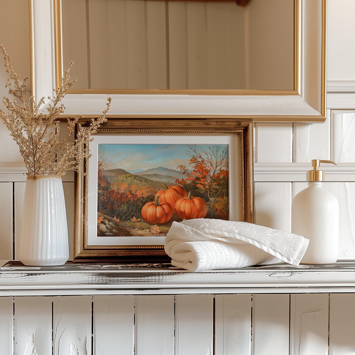 Orange Pumpkins with Autumn Mountain Valley Fall Landscape Wall Art - Image 4