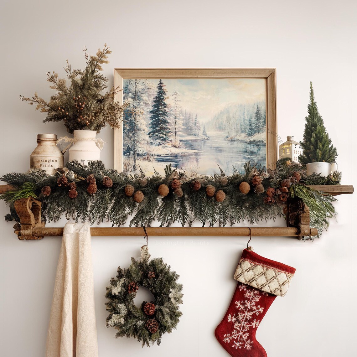Frozen Lake Evergreen Forest Snowy Winter Landscape Painting Poster