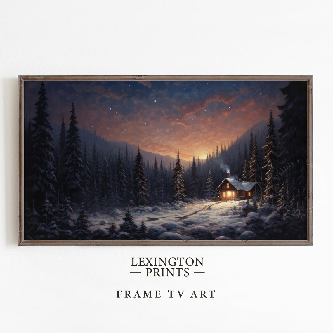 Snowy Cabin at Dusk Among Pines Winter Night Landscape Poster - Image 5