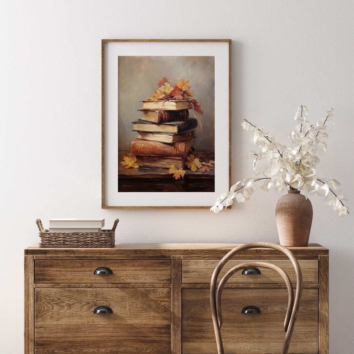 Stack of Old Books with Autumn Maple Leaves Vintage Still Life Poster - Image 6