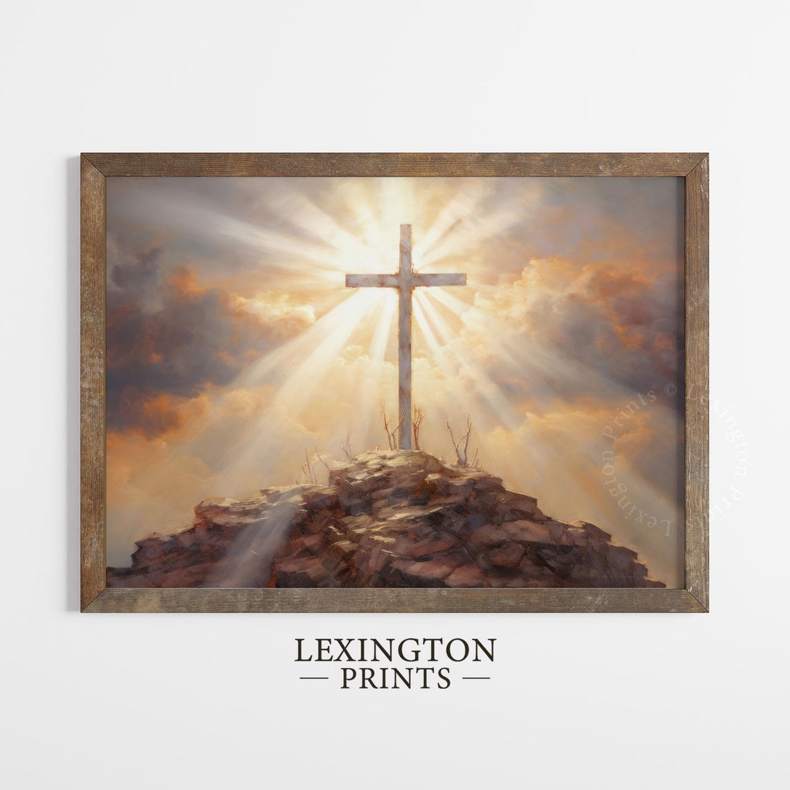 Wooden Cross on Hilltop Heavenly Light Rays Christian Wall Art - Image 4