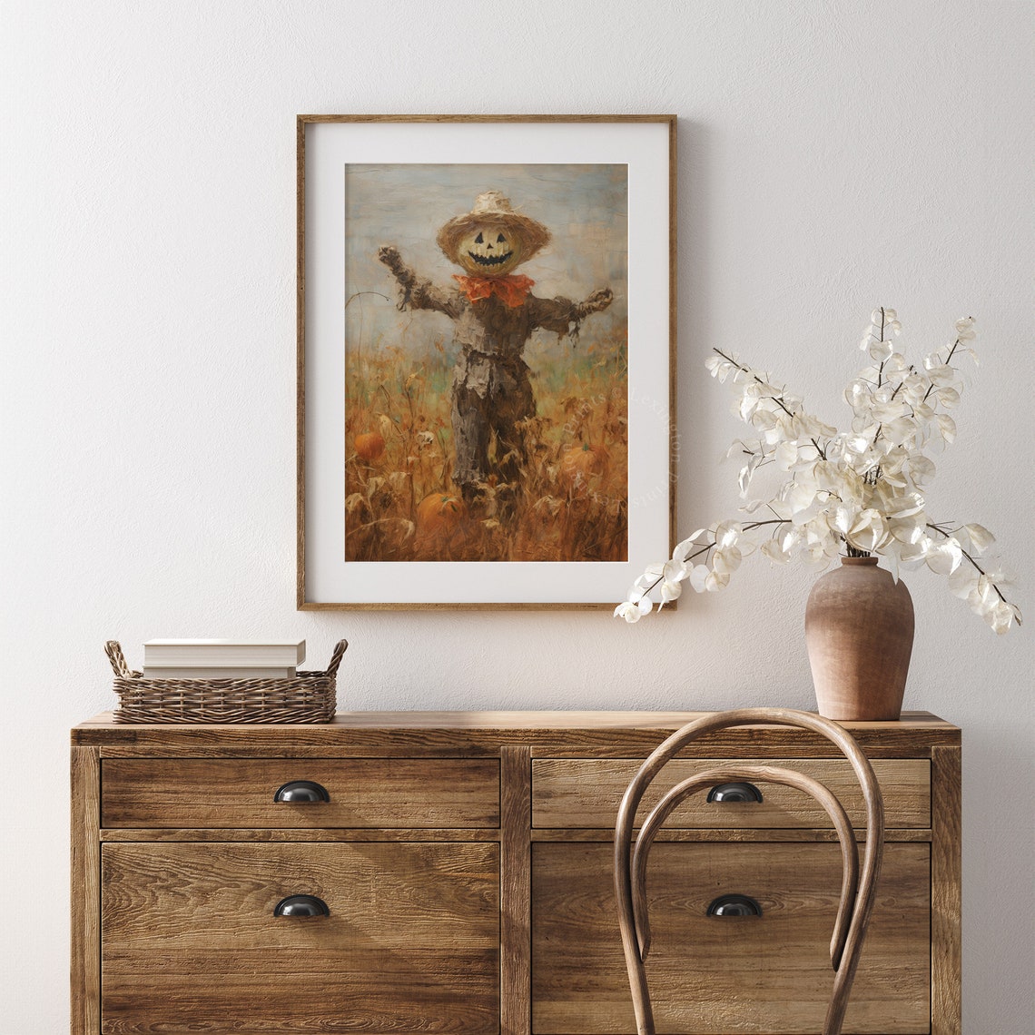 Scarecrow with Jack O Lantern Head in Pumpkin Field Fall Poster - Image 8
