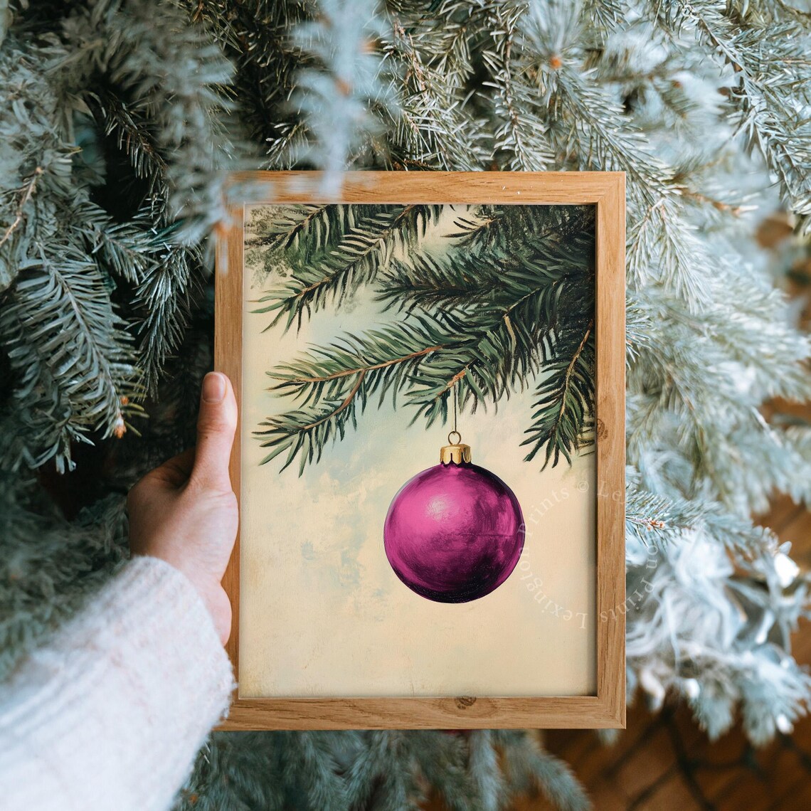 Magenta Christmas Ornament on Pine Branch Vintage Holiday Poster - Image 8