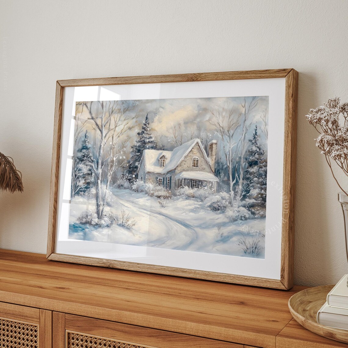 Snow Covered Cottage in Winter Woodland Peaceful Snowfall Art Print - Image 7