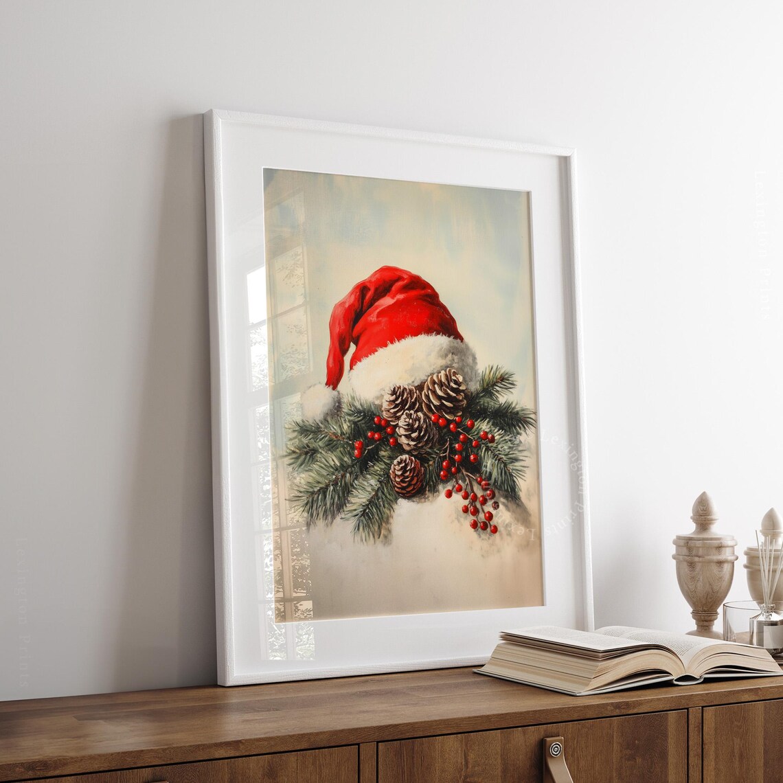 Red Santa Hat with Pinecones and Berries Christmas Decor Poster - Image 3