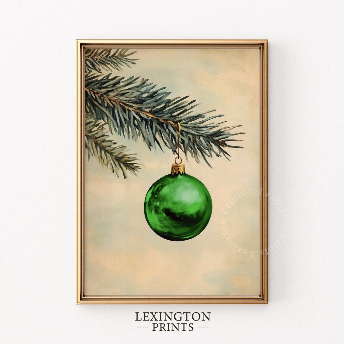 Green Christmas Ornament on Pine Branch Minimal Oil Painting Poster - Image 4