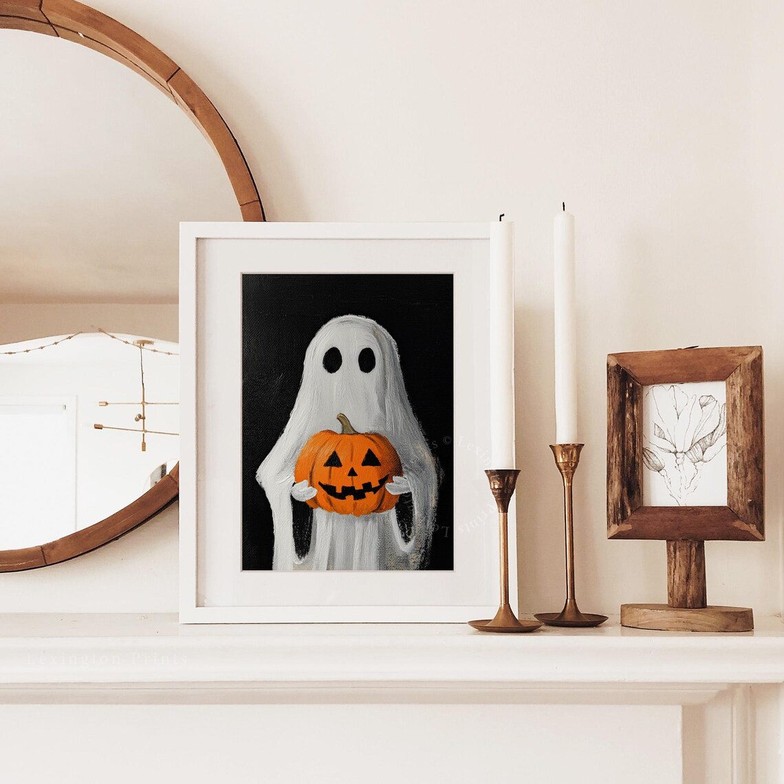 Cute Ghost Holding Jack O Lantern Pumpkin Halloween Vintage Wall Art - Image 3