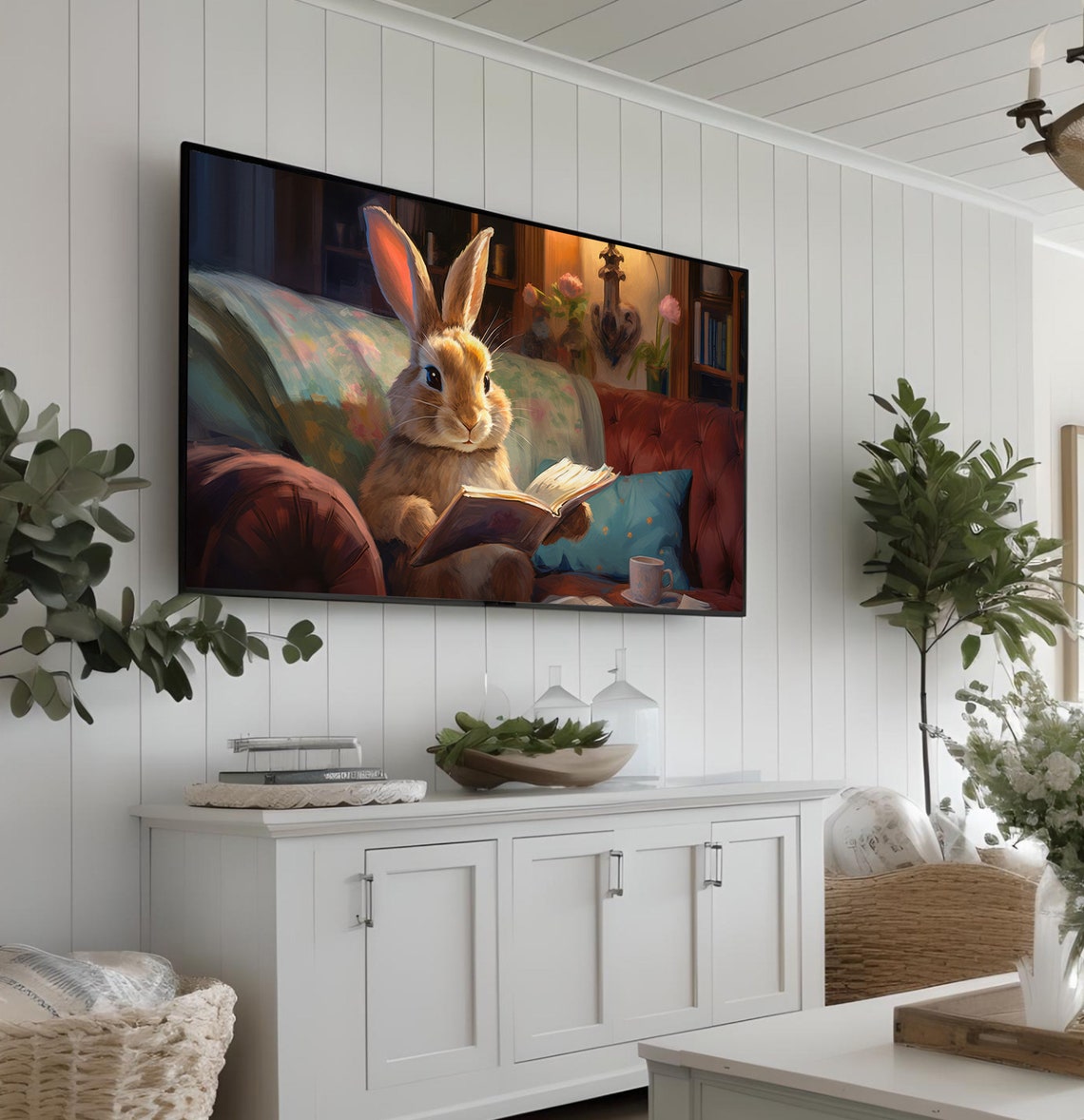 Cute Bunny Reading Book On Cozy Couch In Warm Library Scene Poster - Image 3