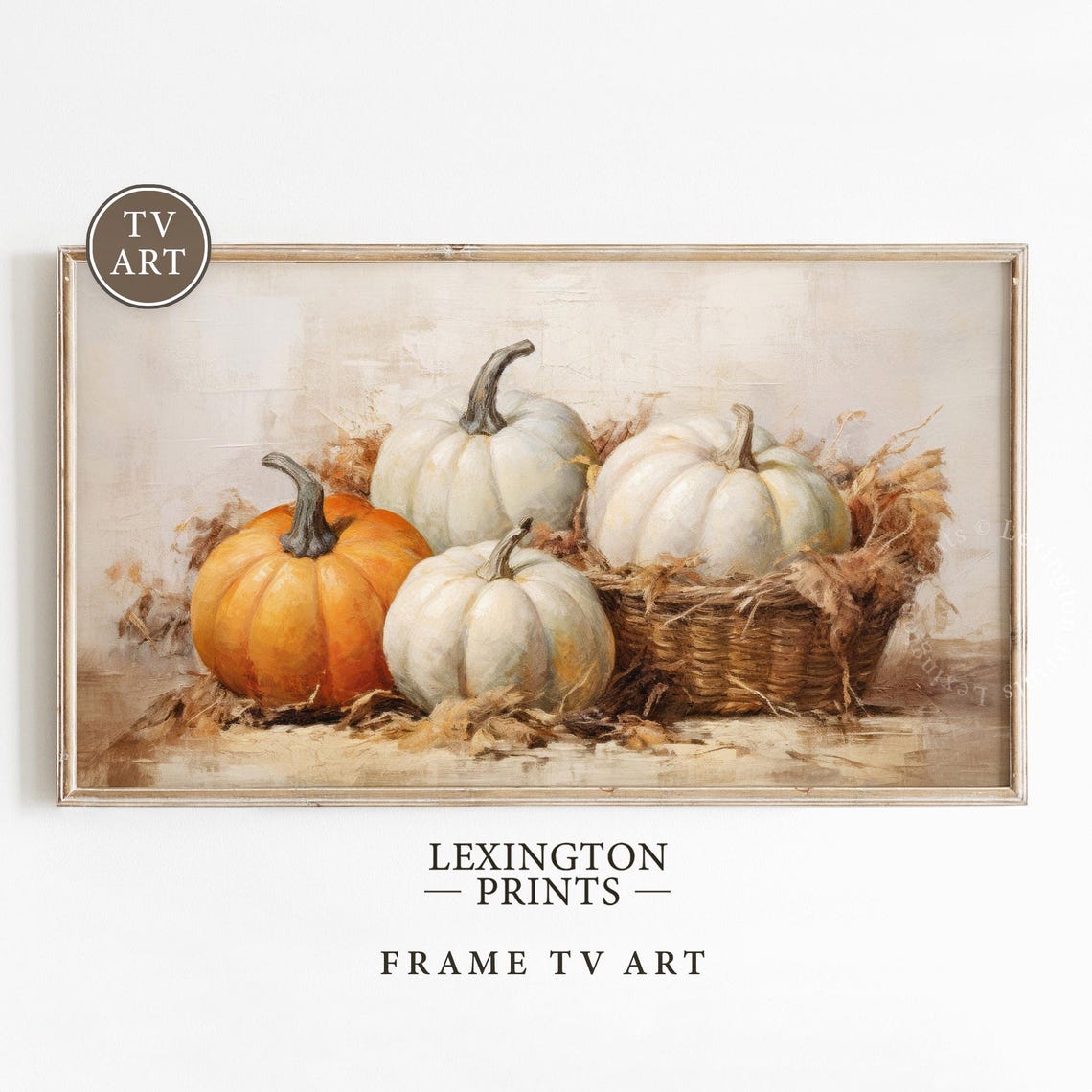 White and Orange Pumpkins in Wicker Basket Fall Still Life Poster
