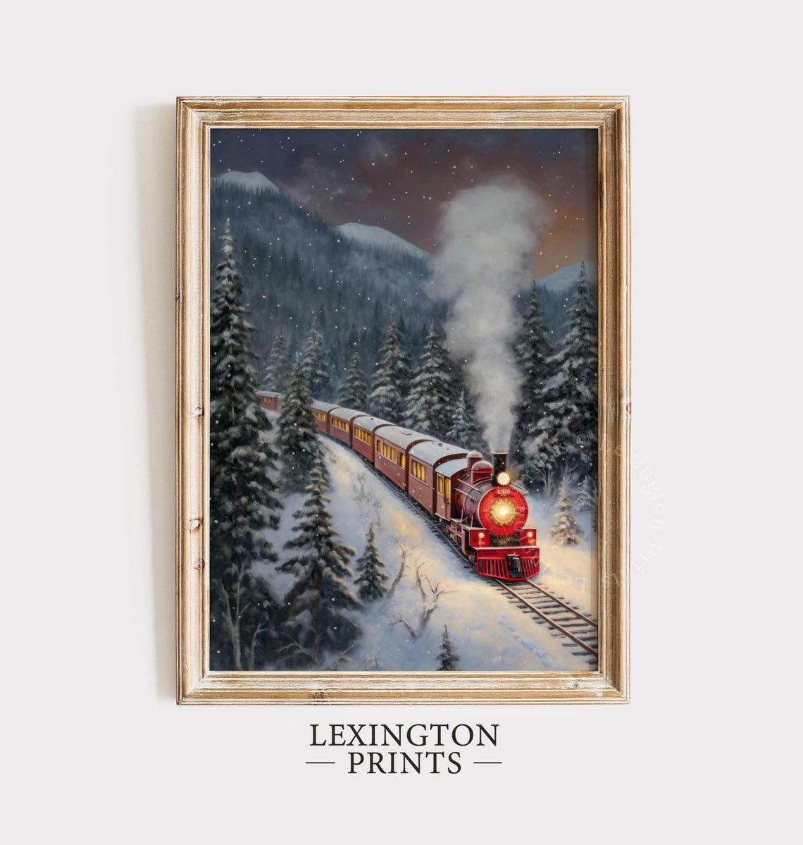 Vintage Red Steam Train Snowy Pine Forest Christmas Night Poster - Image 2