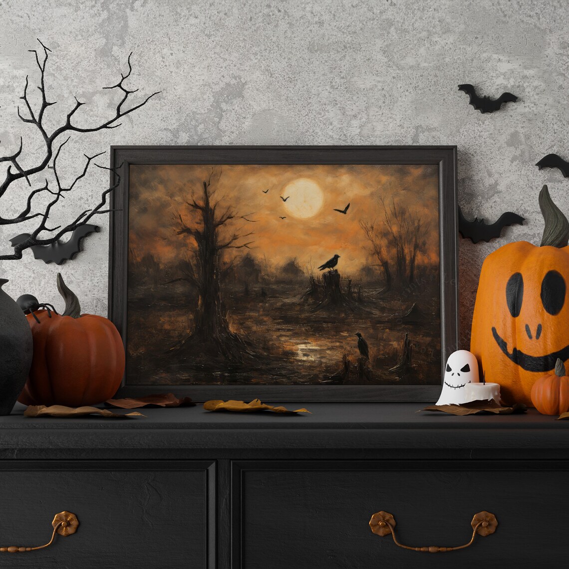 Raven On Tree Stump Full Moon Autumn Marsh Bats Gothic Halloween Poster - Image 7