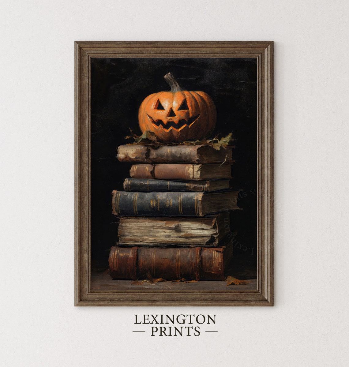 Jack-o-Lantern on Stack of Antique Books Dark Halloween Oil Poster - Image 2