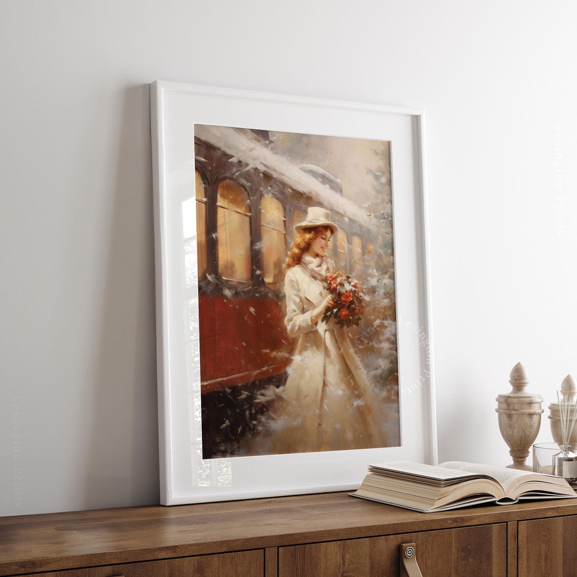Vintage Christmas Print Woman Winter Oil Painting Christmas Decor Vintage 1950s Christmas Wall Art City Train Art Holiday Winter Print 307 - Image 7