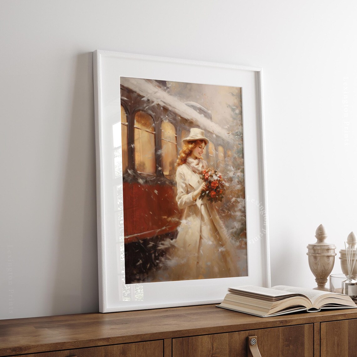 Vintage Christmas Woman Winter Train Red Bouquet Oil Painting Poster - Image 7