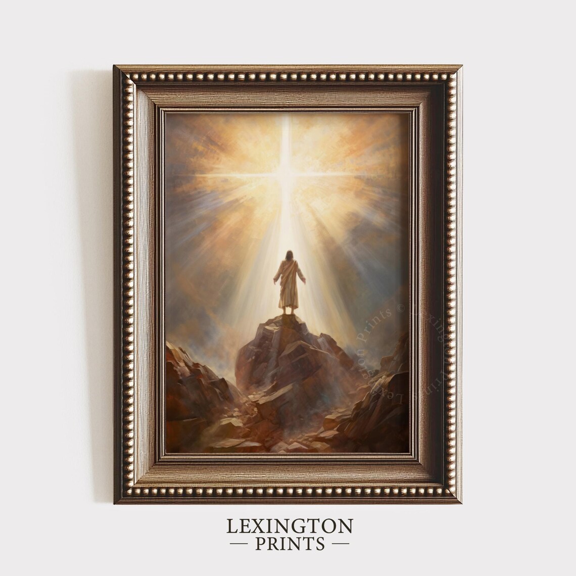 Jesus Christ Standing On Mountain Radiant Cross Golden Sky Christian Poster - Image 5