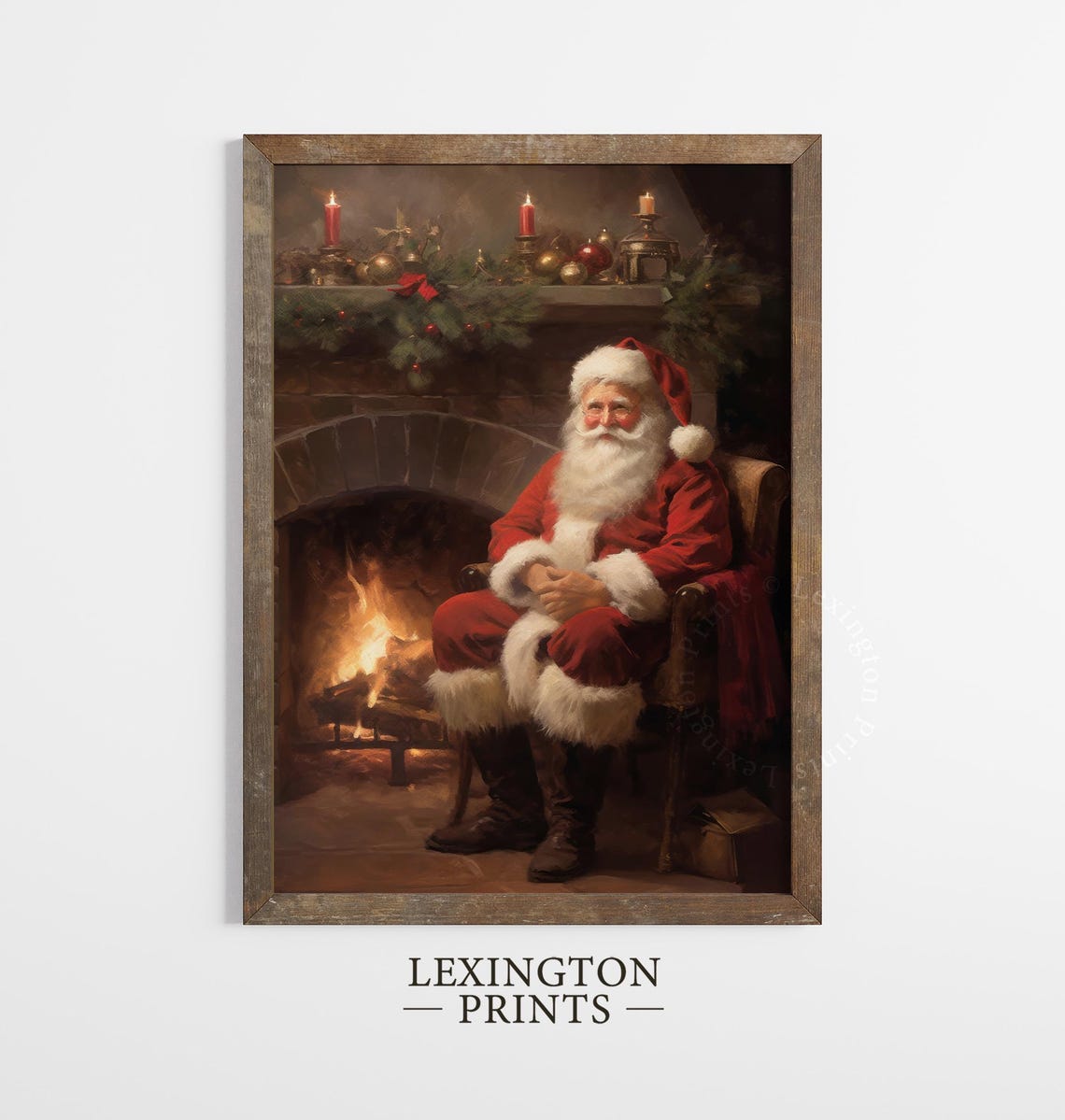 Santa Fireplace Vintage Christmas Wall Art Christmas Santa Painting Christmas Holiday Art Winter Print Santa Christmas Print Seasonal 407 - Image 2