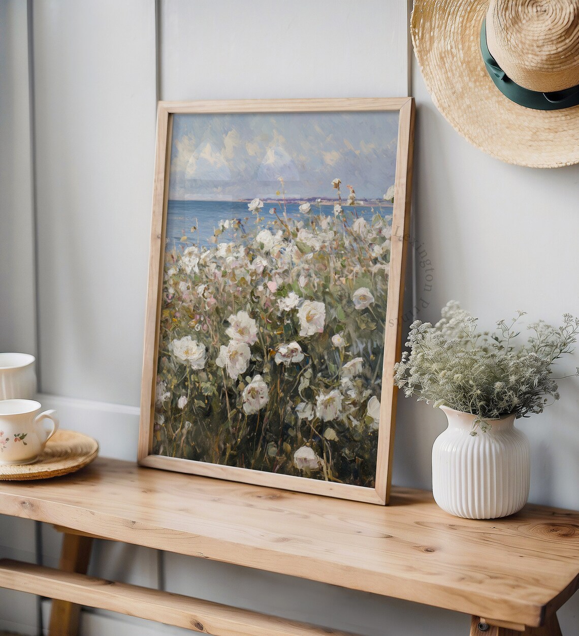 White Wildflowers by the Sea Coastal Summer Vintage Painting Poster - Image 7