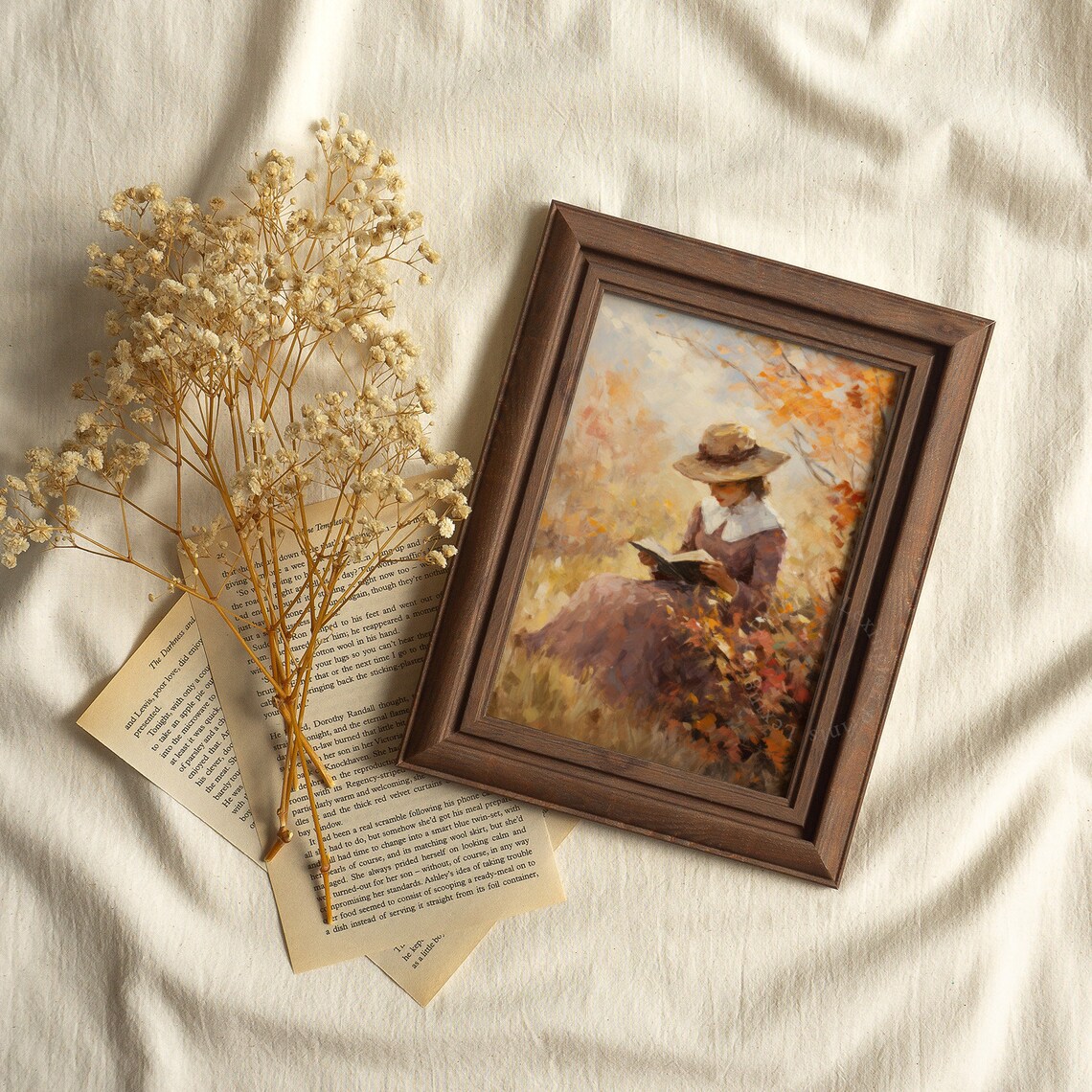 Woman Reading in Autumn Garden Vintage Hat Fall Foliage Art Poster - Image 4