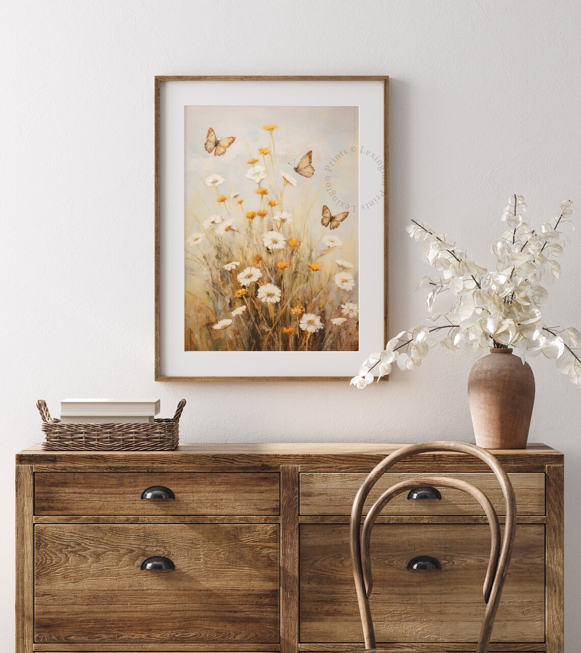 Butterflies Among White Daisies Wildflowers Soft Neutral Botanical Poster - Image 8