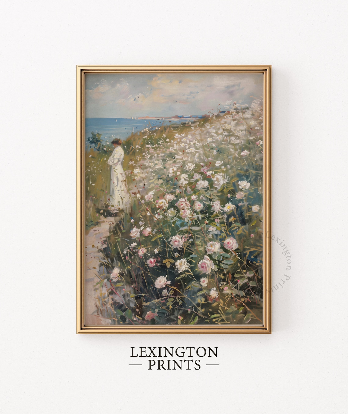 Woman in Rose Garden by the Sea Impressionist Oil Painting Poster - Image 4