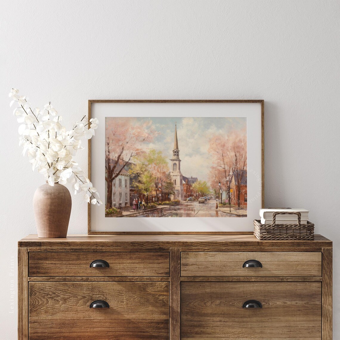 Spring Cherry Blossom Street Church Steeple Vintage Painting Poster - Image 6