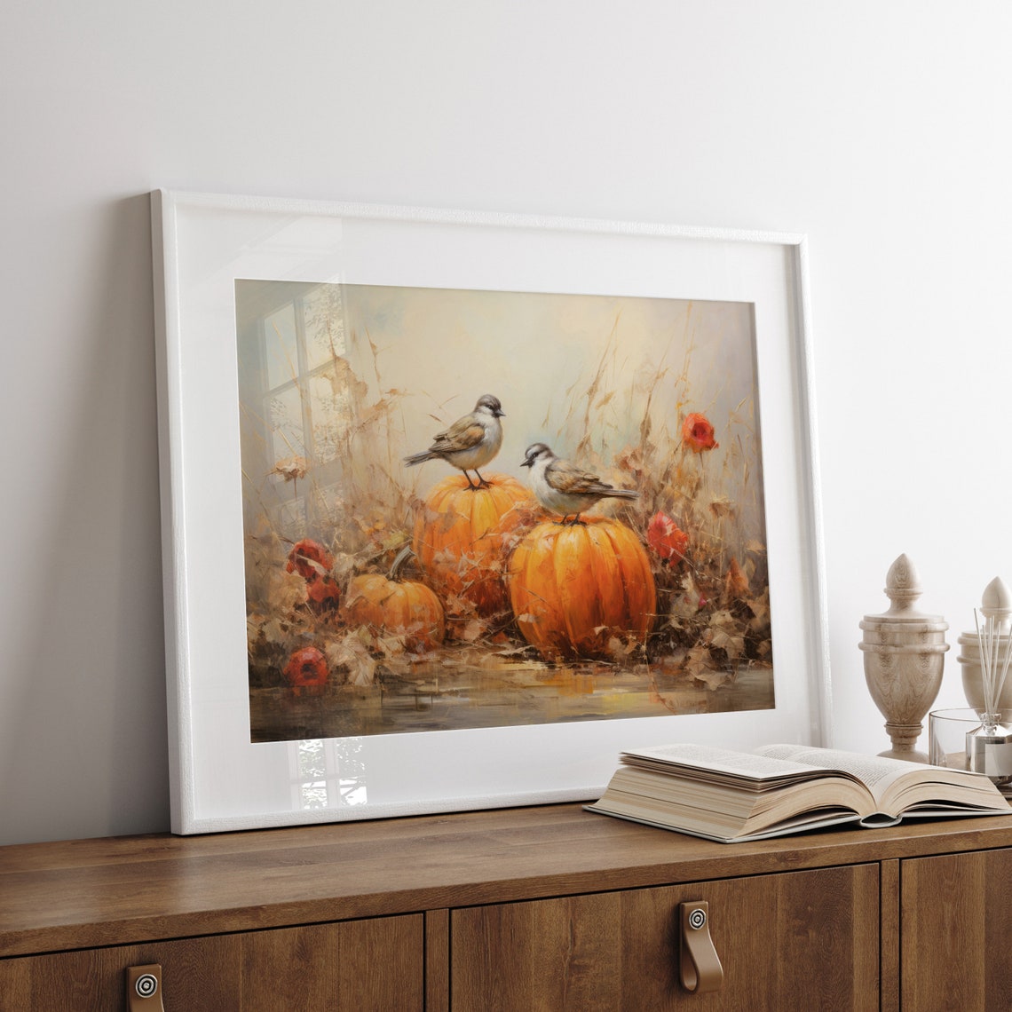 Two Songbirds on Pumpkins in Autumn Field Vintage Bird Poster - Image 8