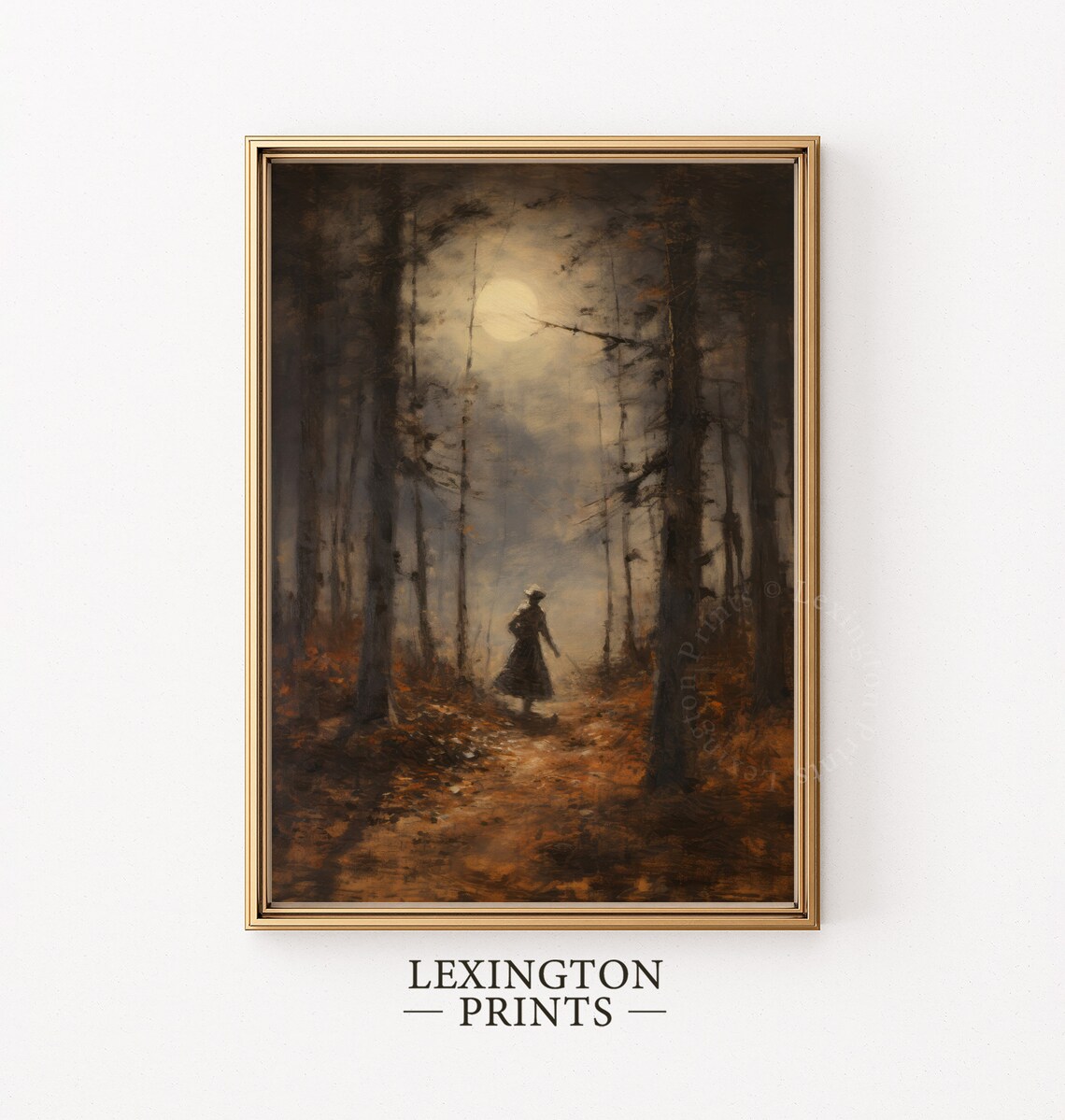 Moonlit Forest Path Lone Figure Moody Autumn Night Painting Poster - Image 5