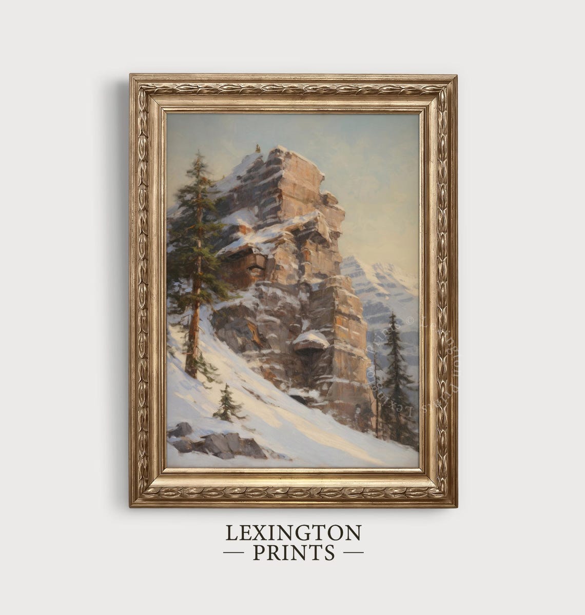 Snowy Rocky Mountain Cliff Winter Pine Trees Moody Landscape Poster - Image 4
