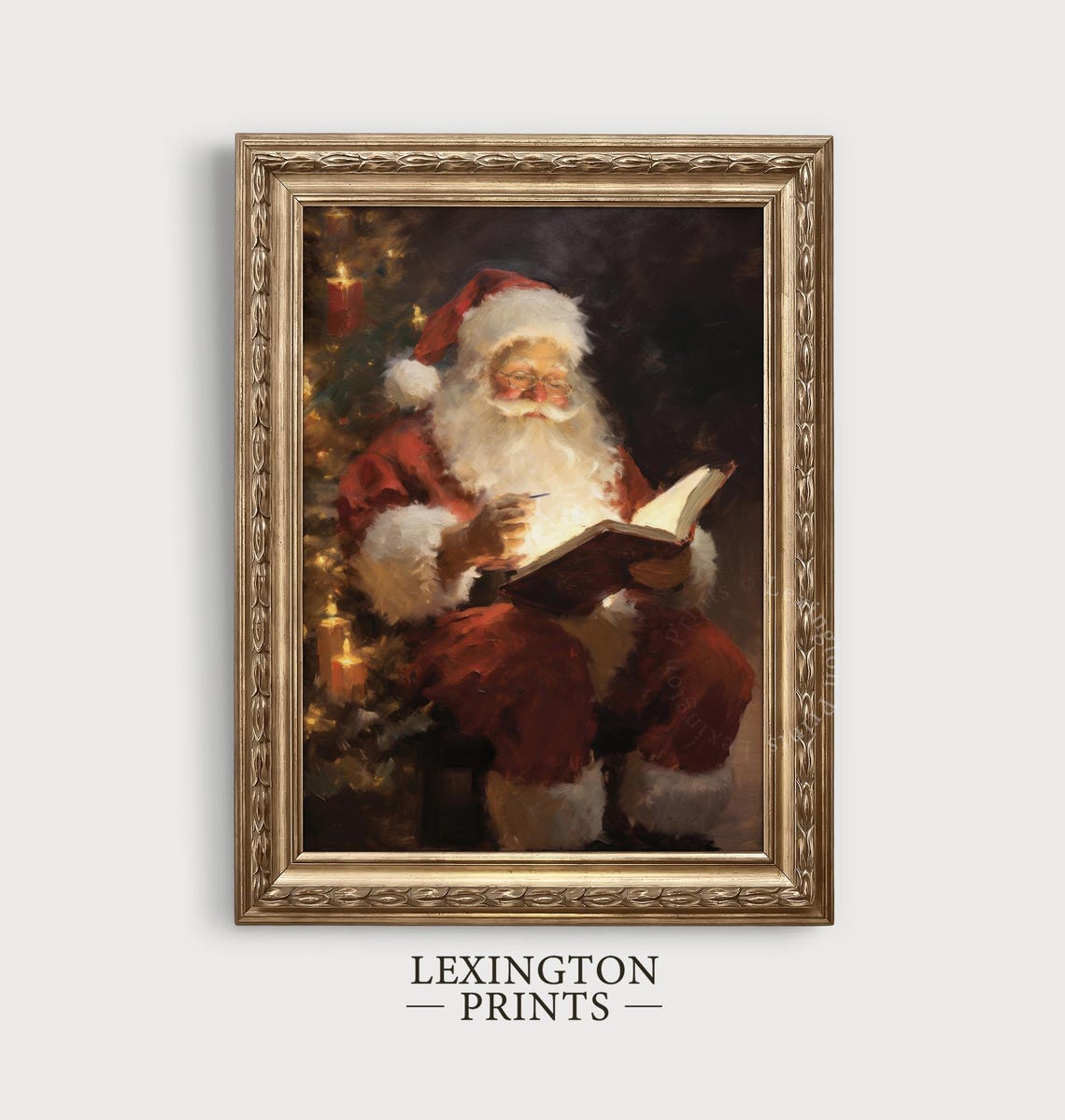 Santa Claus Reading Glowing Book Candlelit Christmas Tree Night Poster - Image 3