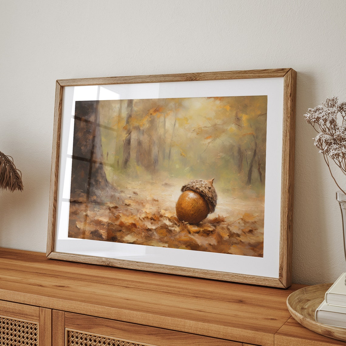 Single Acorn on Autumn Leaves Misty Fall Forest Still Life Poster - Image 7
