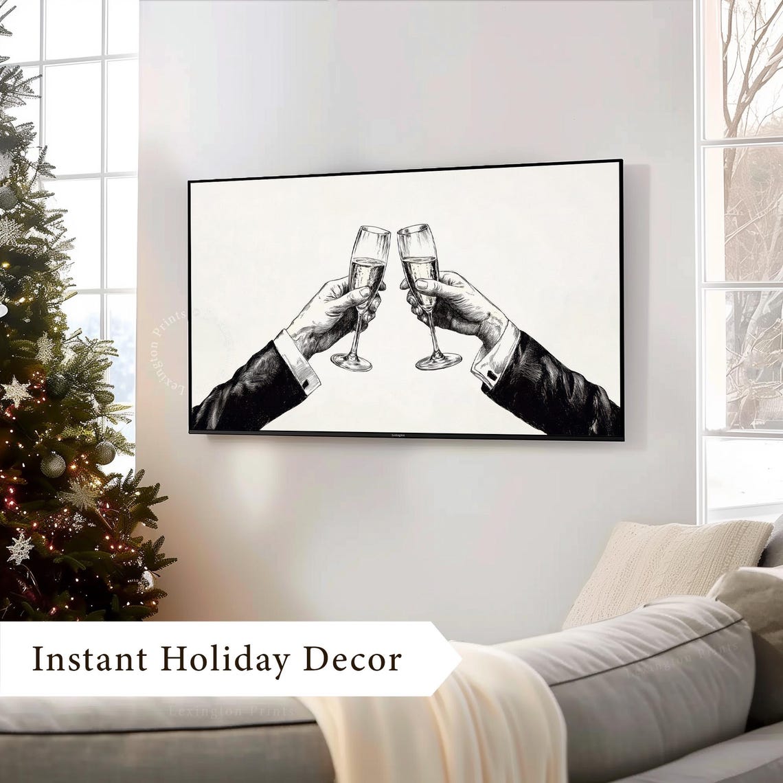 Minimalist Cheers New Years Tv Art New Years Frame Tv Art Cheers Tv Art Bar Cart Wall Art Christmas Holiday Decor Black White Sketch 981 - Image 4