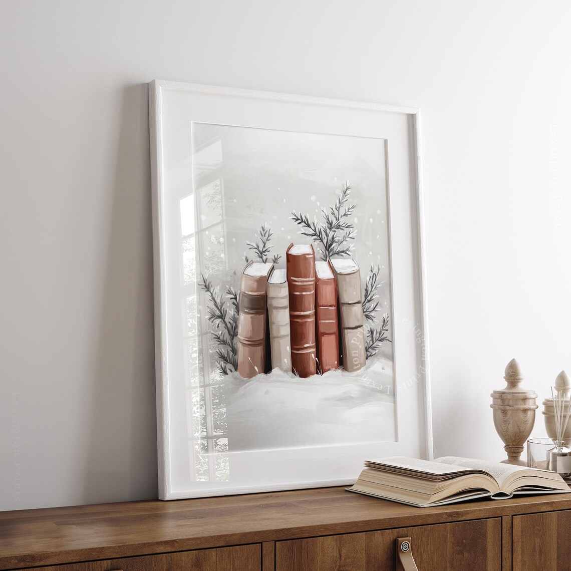Antique Books Standing in Snow Winter Reading Nook Painting Poster - Image 3