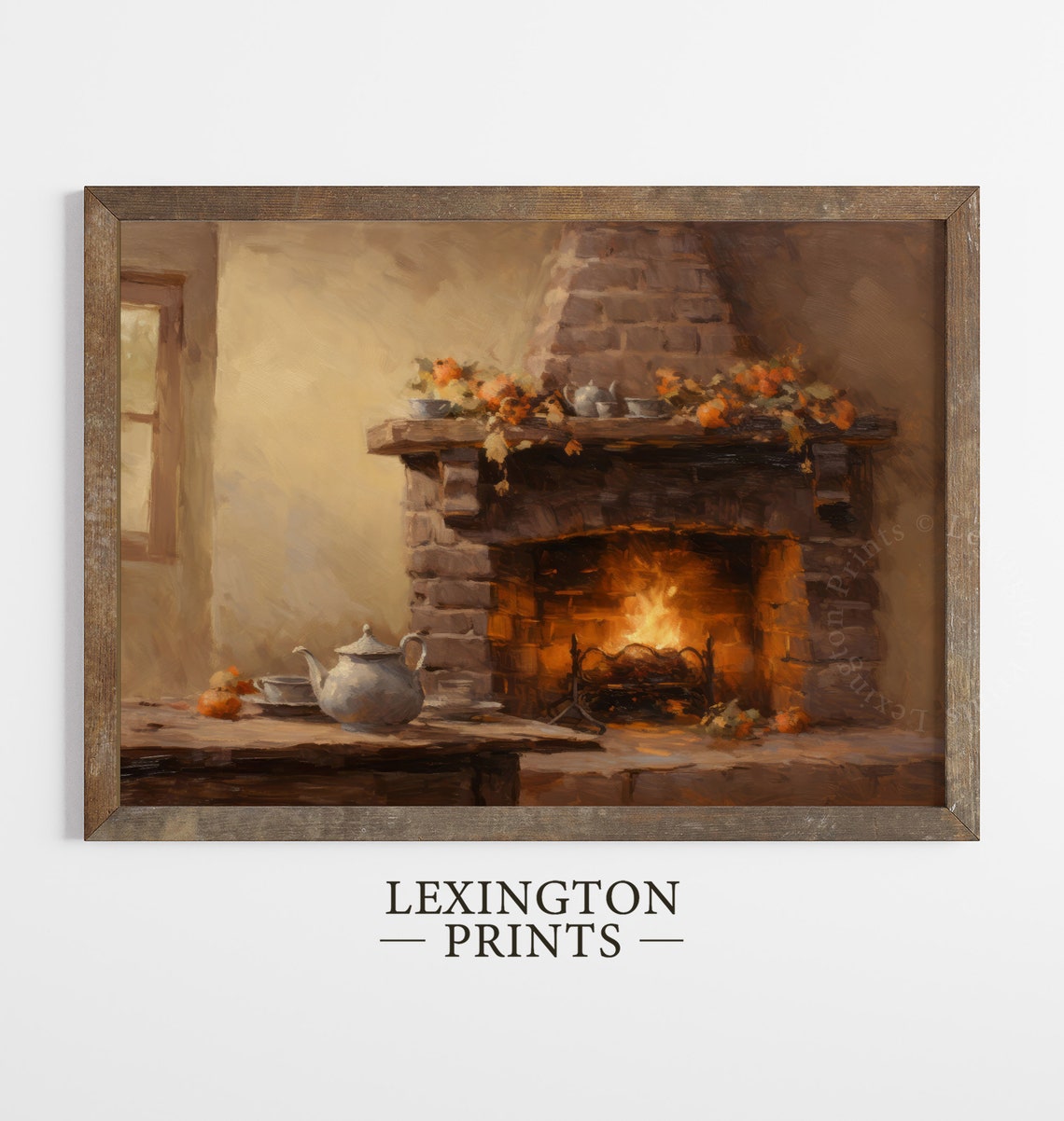 Stone Fireplace with Fire and Autumn Mantel Cozy Fall Interior Poster - Image 4