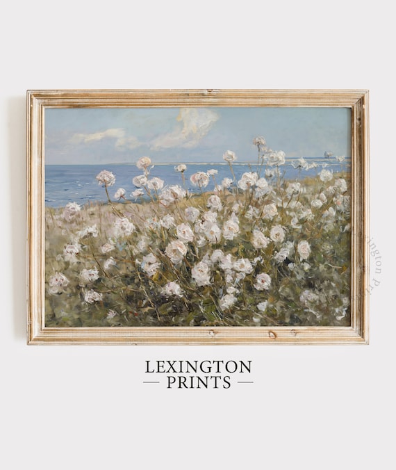 Coastal White Wildflowers Sea Horizon Summer Impressionist Painting Poster