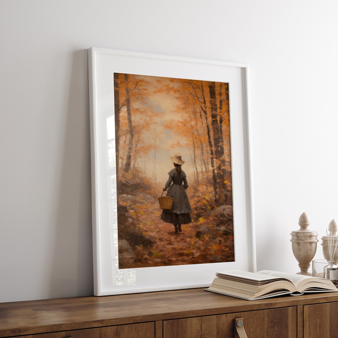 Woman Walking Autumn Forest Path Vintage Fall Oil Painting Poster - Image 3