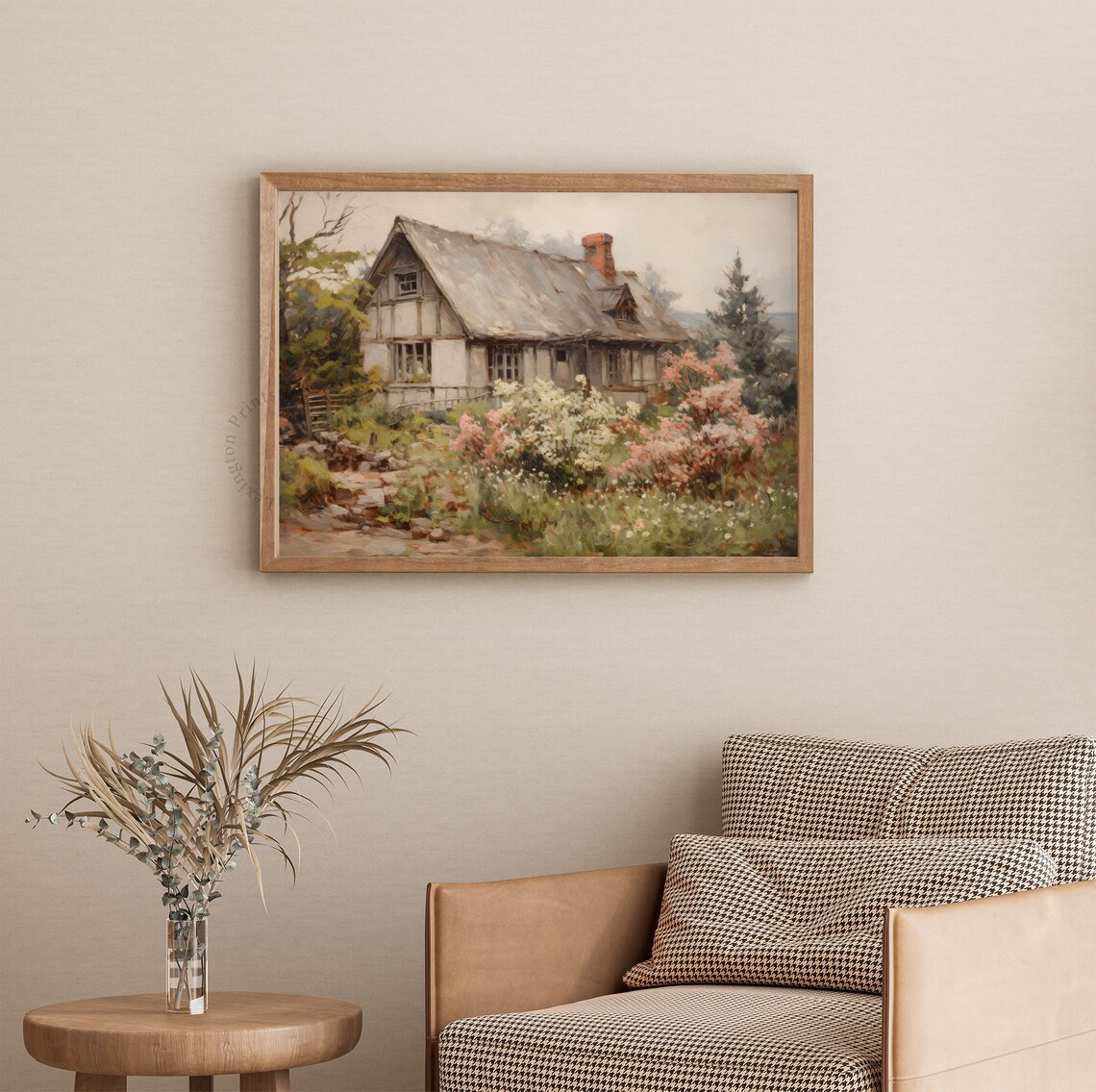 Rustic Old Cottage Pink Flower Garden Vintage Oil Painting Wall Art - Image 4