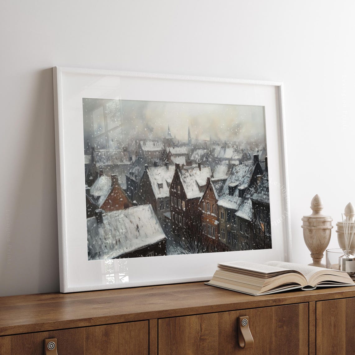 Snowy Old Village Rooftops in Winter Impressionist Scene Poster - Image 5