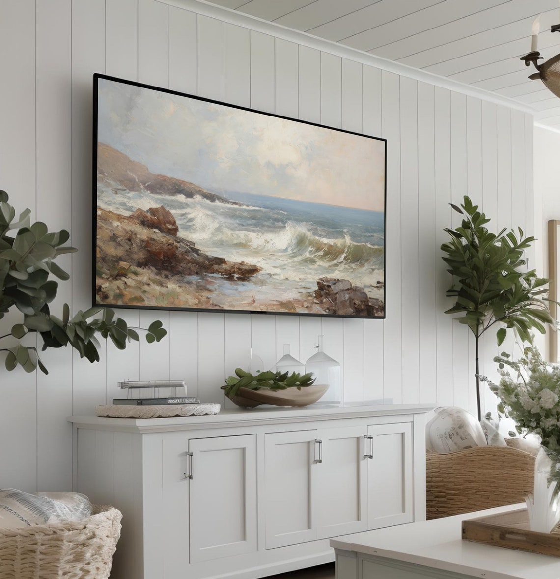 Moody Coastal Ocean Waves Rocky Shore Seascape Misty Frame TV Poster - Image 3
