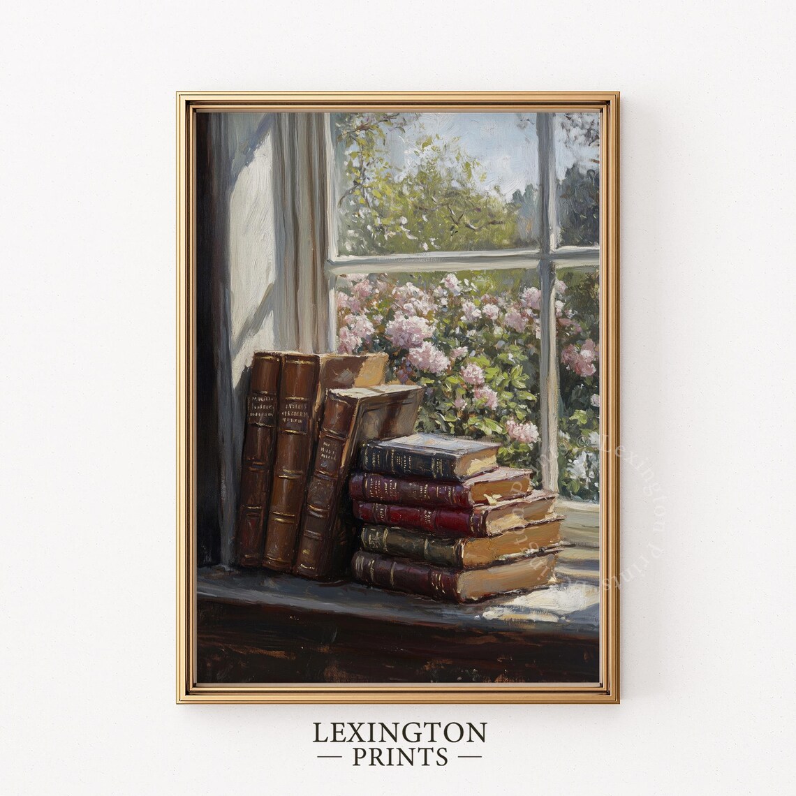 Antique Books on Windowsill Overlooking Rose Garden Still Life Print - Image 5