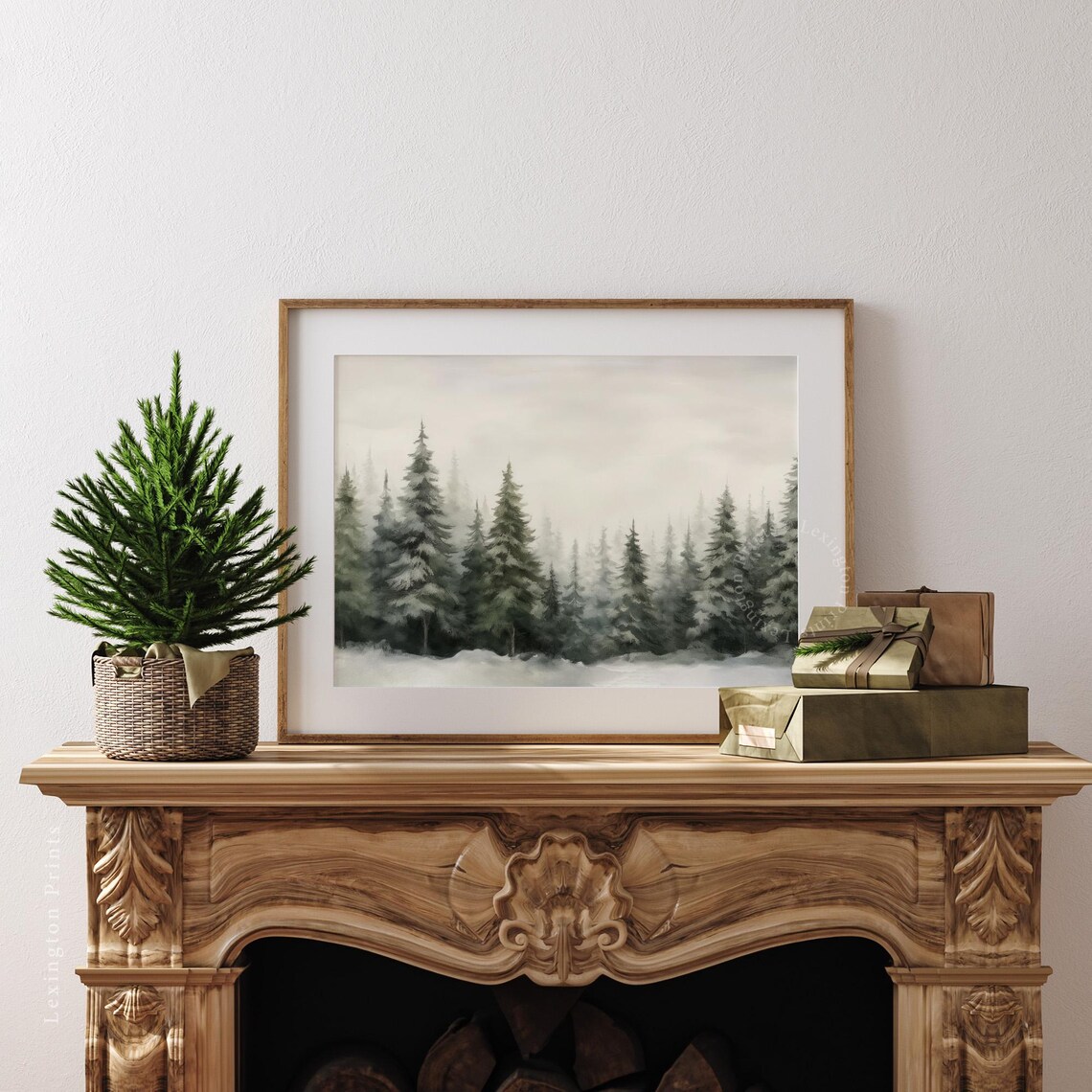 Misty Snowy Pine Forest Winter Woodland Watercolor Style Poster - Image 3