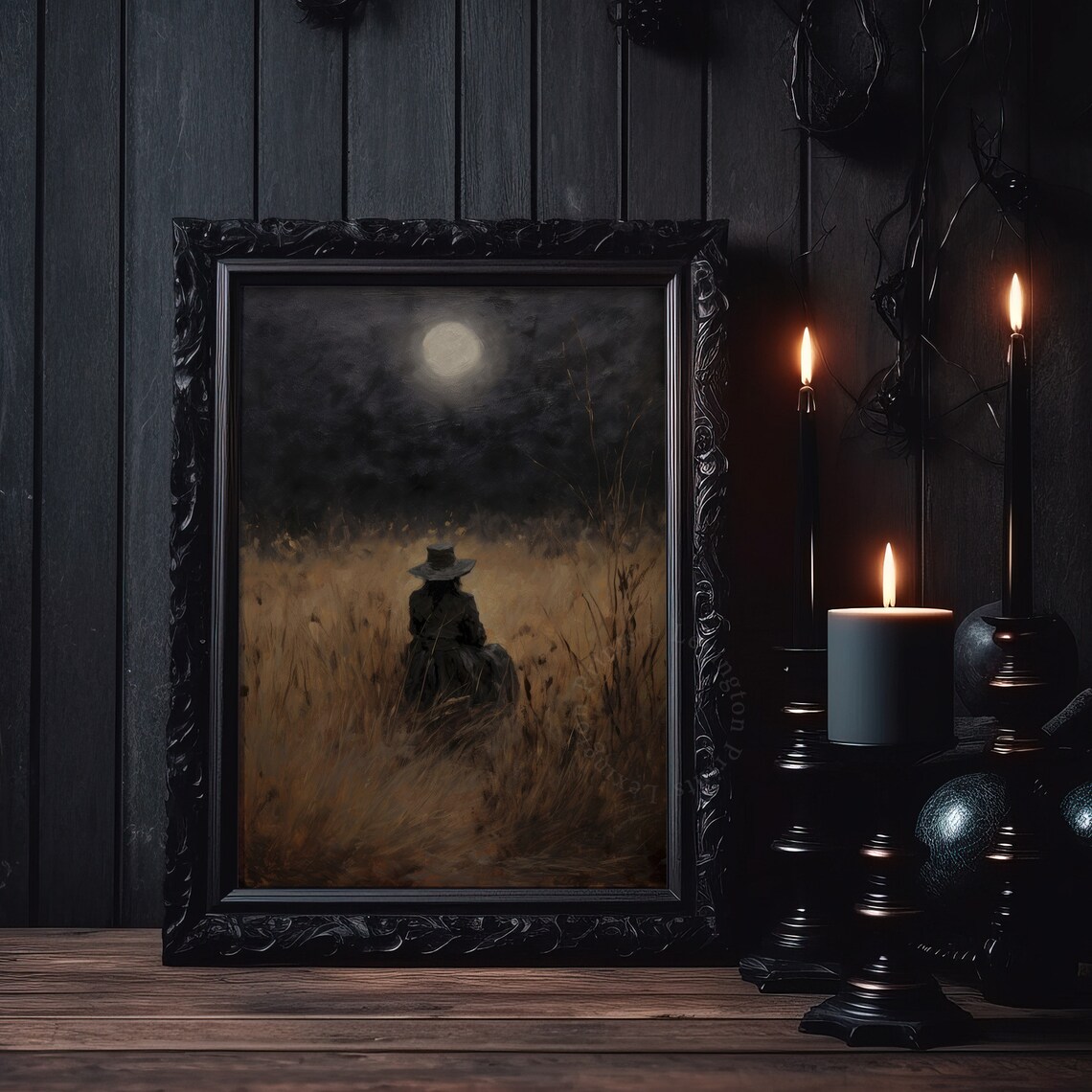 Woman in Wide Brim Hat under Full Moon in Night Field Poster - Image 3