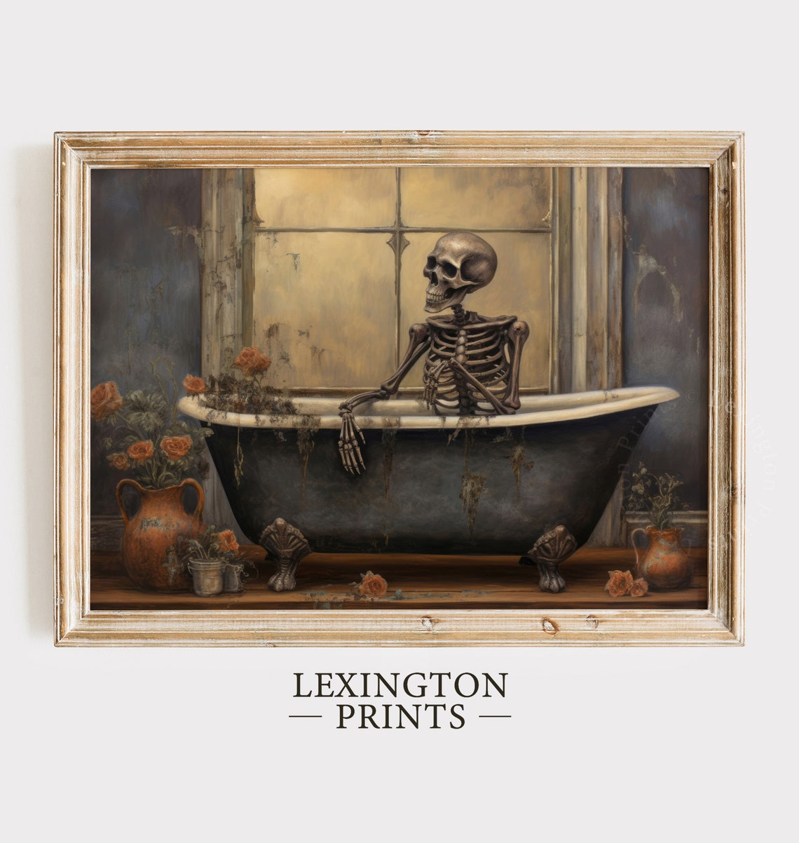 Skeleton in Vintage Clawfoot Bathtub Moody Halloween Wall Art - Image 4