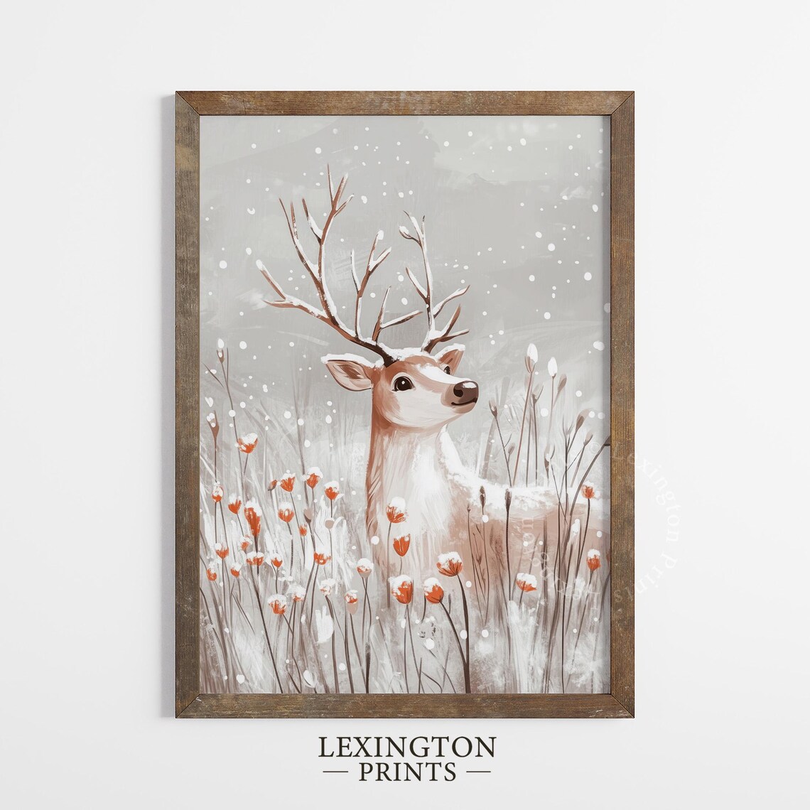Young Deer Snowy Winter Field Illustrated Wildlife Painting Poster - Image 5